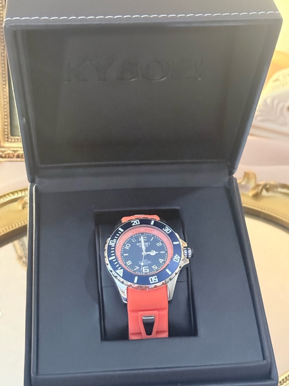 Men's Blue Dial Watch with Orange Silicone Strap